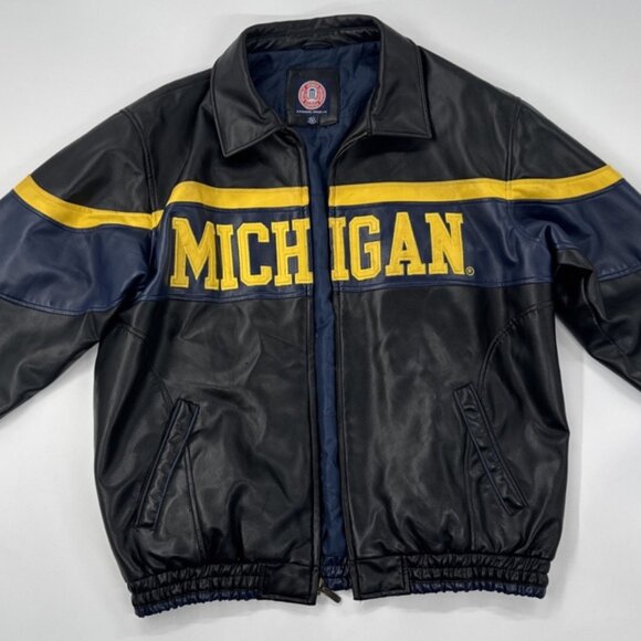 University of Michigan Bomber Jacket Mens Large Faux Leather Sewn Logo Full Zip - Picture 1 of 16